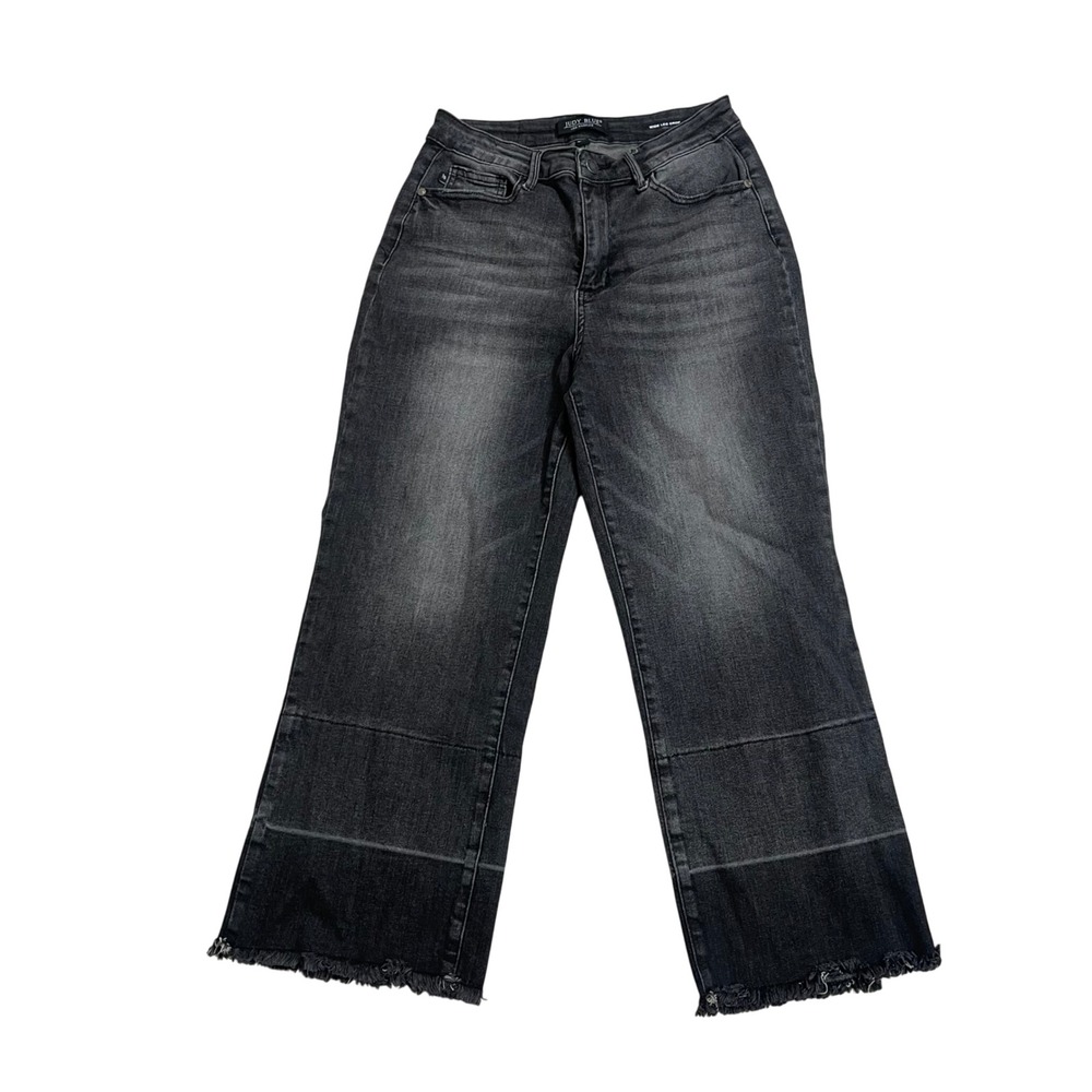 Judy Blue Wide Leg Crop Jeans Women's Size 7/28 Black Wash Frayed Hem euc‎ euc